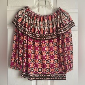 Chico’s Ethnic Tempo Off The Shoulder Multicolor Tribal Print Top Size 1 (8) NWT